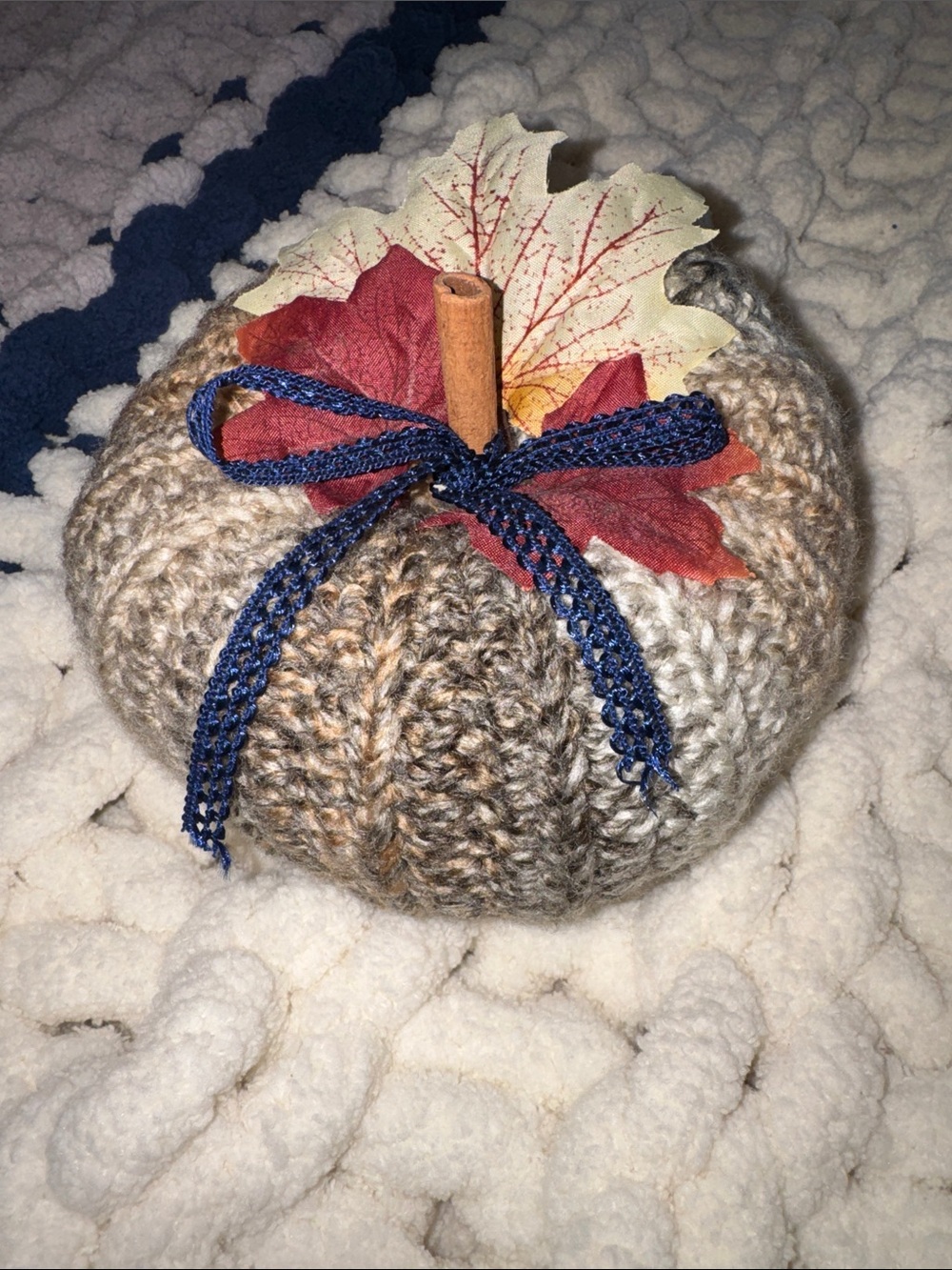 Handmade Neutral Knit Pumpkin with Fall Leaf Accent